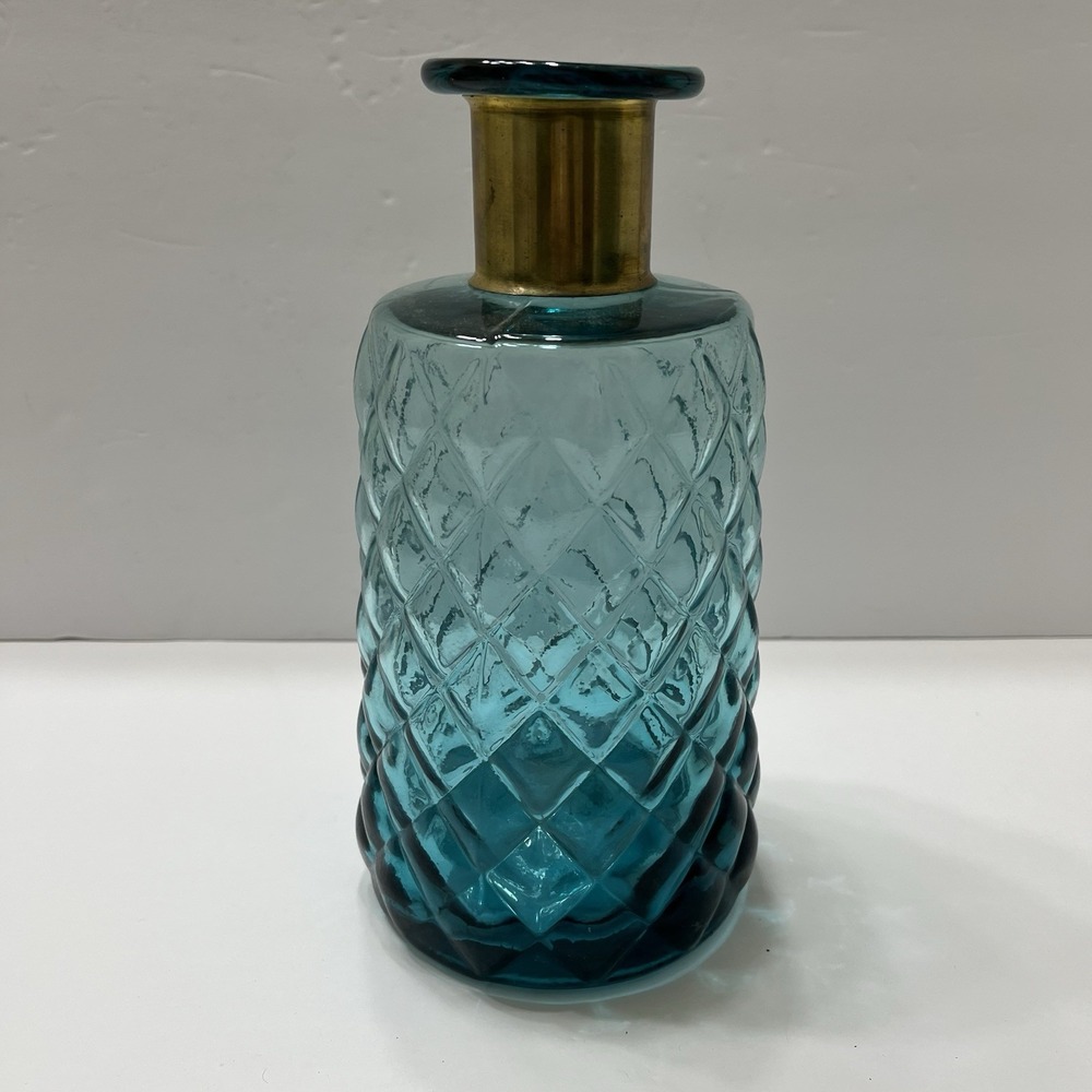 Decorative Teal Vase Diamond Patterned Glass Gold Toned Collar 9.5x4"